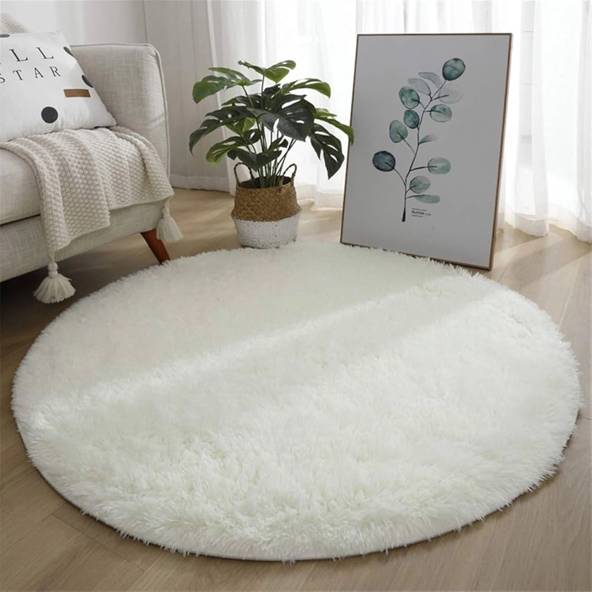 Hiser Ronde Rugs Tapis de Salon à Poils Longs Tapis de Sol Moelleux Shaggy Doux et Confortable Moderne Tapis Antidérapant Décoration Intérieure Tapis Moelleux pour Salon Chambre (Blanc,120x120cm)