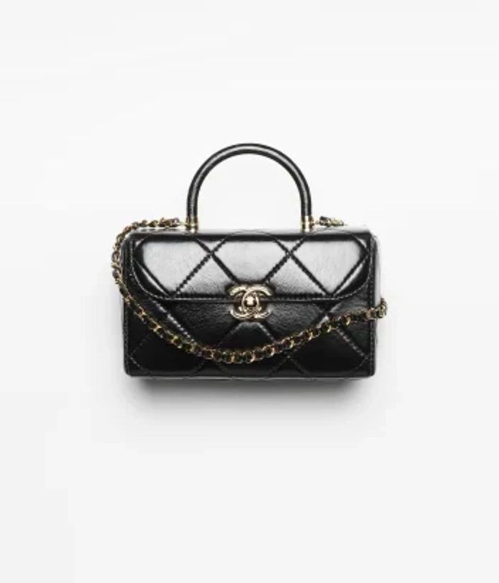 Box bag mini, Pelle lucida & metallo effetto dorato, nero — Moda | CHANEL