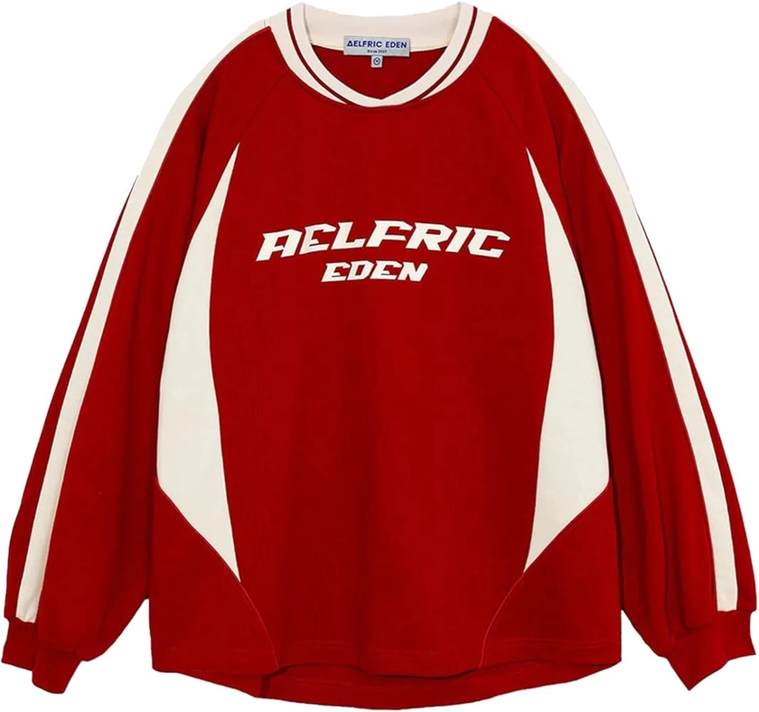 Aelfric Eden Oversized Crewneck Sweatshirts for Men Red Vintage Graphic Pullover Loose Fit Streetwear Long Sleeve Top