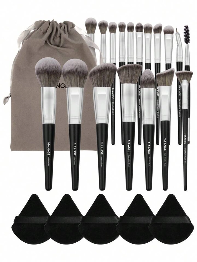 MAANGE 18pcs Professional Makeup Brush Set With Cloth Bag&5pcs Triangle Powder Puff,Makeup Tools With Soft Fiber For Easy Carrying,Foundation Brush,Eye Shadow Brush,Blending Brush,Eyebrow Brush,Brush Set For Travel | SHEIN USA