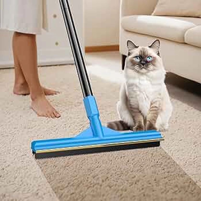 Updated Pet Hair Removal Tool, CEARKTIY Carpet Rake for Pet Hair Removal, 57'' Adjustable Pet Hair Remover Broom, 2 in 1 Rubber Broom and Carpet Brush Scraper for Rugs, Mats, Couch (Long Handle)