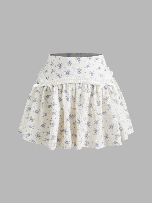 Woven Low Rise Floral Lettuce Trim Bowknot Mini Skirt For Date