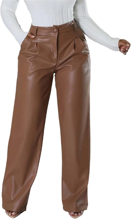 Women Cinched Waisted Leather Pants High Waisted Faux Leather Straight Leg Long Pants Plus Size Stretch Pleather Pants