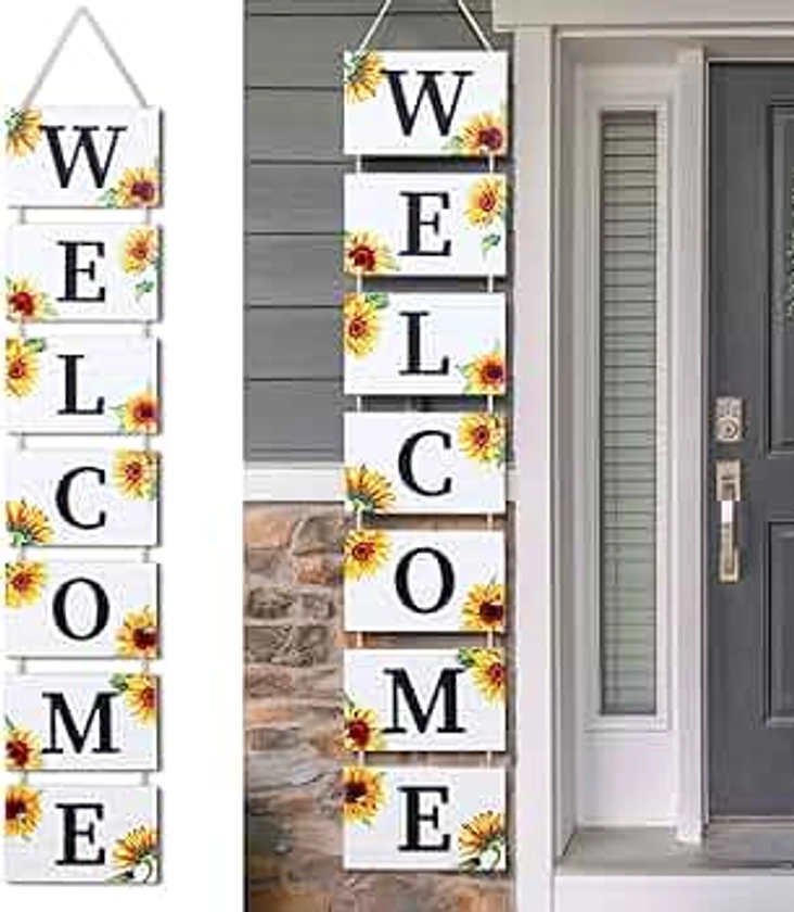 Threan 59 Inch Sunflower Welcome Sign Wooden Porch Sign 3D Welcome Hanging Wall Signs with 7 Sunflower Panels Farmhouse Front Porch Summer Outdoor Decor Rustic Wooden Signs for Home Kitchen Garden