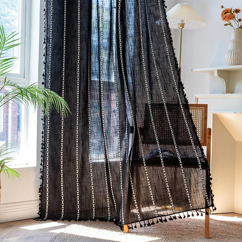 Deeprove Black Boho Curtains 84 inches Long with Tassel for Bedroom, Vintage Bohemian Embroidery Farmhouse Cotton Linen French Country Window Treatments Gothic Halloween Decor, W52 x L84, 1 Panel