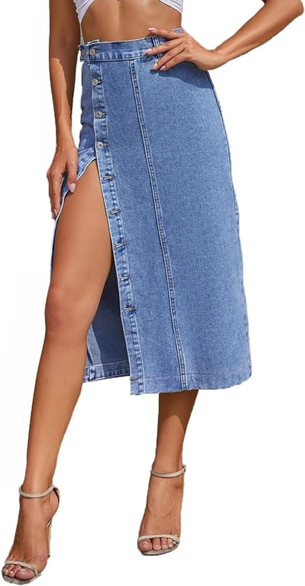 Womens Casual Slit Denim Midi Jean Skirt Stretch High Waist Frayed Blue Jean Skirt with Pockets