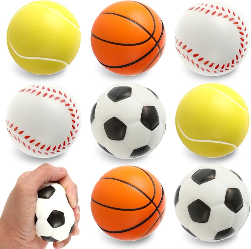 Lot de 8 balles anti-stress, 6 cm, mini balles de sport en mousse, balles anti-stress, balles anti-stress, balles de football, basket-ball, tennis, baseball, balles en mousse, balles anti-stress