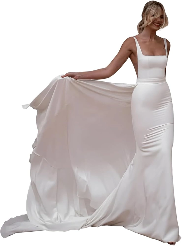 Mermaid Wedding Dresses for Bride 2024 Simple Satin Beach Bridal Gown with Train