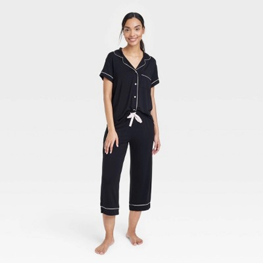 Women's Beautifully Soft Short Sleeve Notch Collar Top and Pants Pajama Set - Stars Above™ Black XS