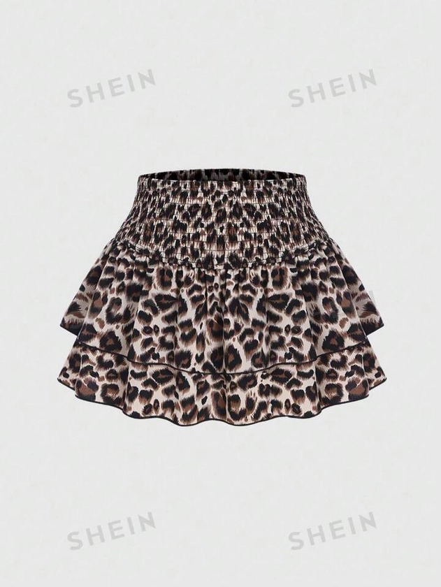 SHEIN MOD Summer Fashion Leopard Printed Double Layer Ruffle Hem Shirred Skirt