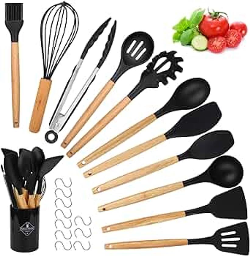 22 Pcs Silicone Bois Ustensiles de Cuisine en Ustensiles Cuisine Antiadhésive Set, Résistante à Chaleur, avec Manche en Bois - 10 Crochets en S (Noir)