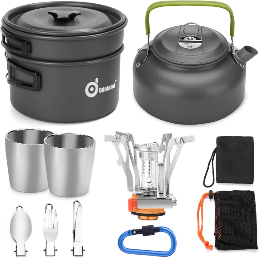 Odoland 12pcs Camping Cookware Mess Kit with Mini Stove, Lightweight Pot Pan Kettle with 2 Cups, Fork Spoon Kit for Backpacking, Outdoor Camping Hiking and Picnic