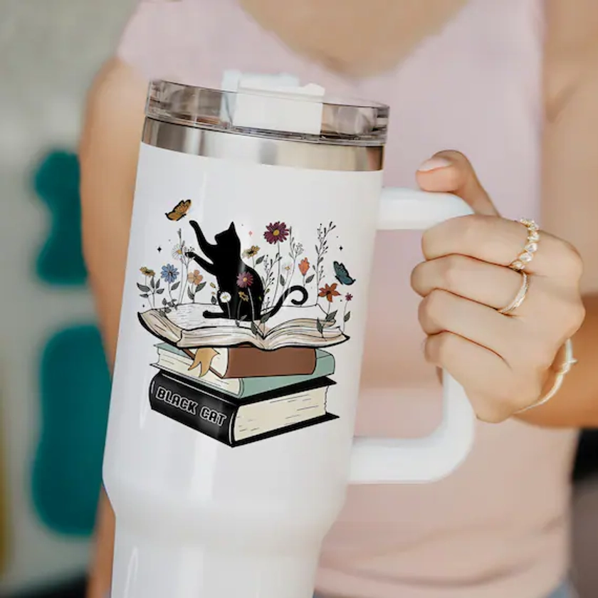 Personalized Cat with Book 40oz Tumbler - Custom Cute Floral Bookish Engraved Cup Gift for Cat Mom - Book Lover Gifts for Her