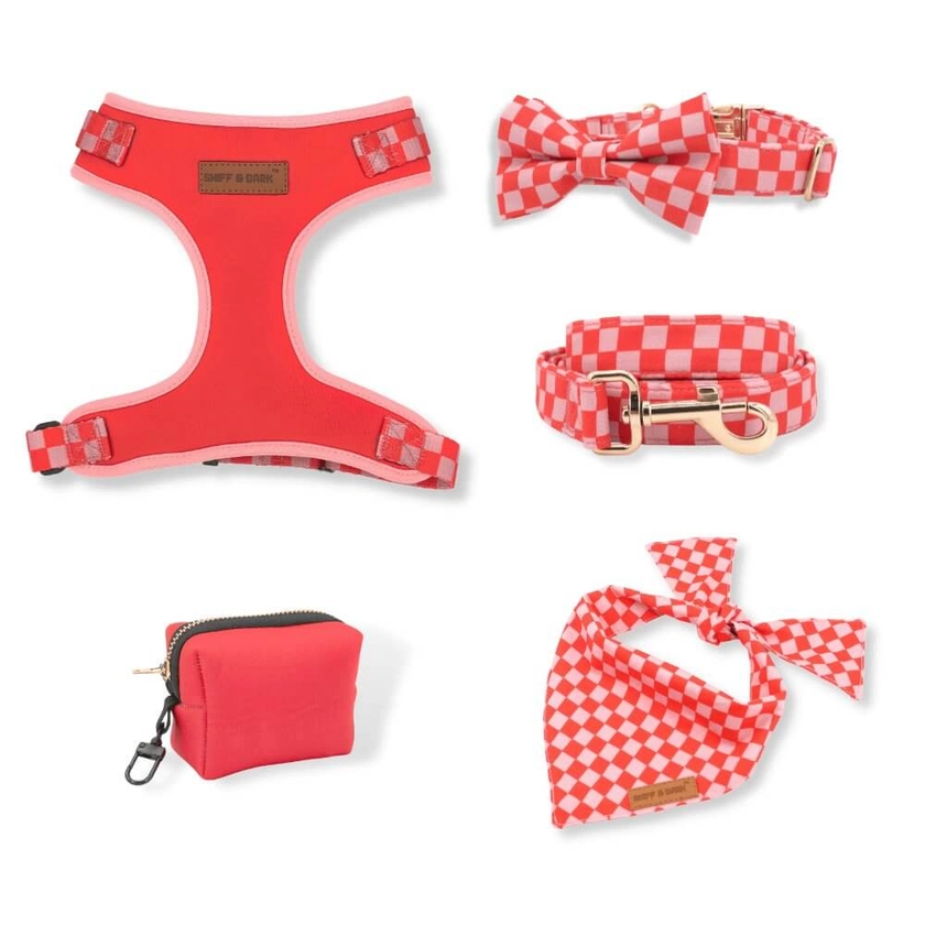 Safe & Cute Matching Dog Unbreakable Collar™ and Leash, Bowtie, Lockable Harness™, Bandana, and Poop Bag Holder