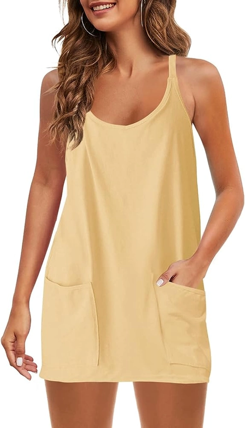 Panadila Womens Summer Sleeveless Mini Dress V Neck Spaghetti Strap Sundress Athletic Short Dress with Pockets