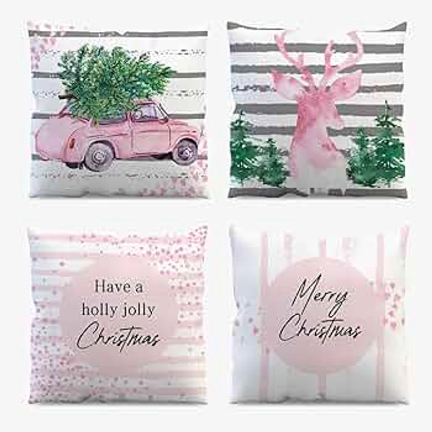 AIBIIN Christmas Throw Pillow Covers 45 x 45 cm Set of 4 Merry Christmas Green Plant Pattern Pink Super Soft Velour for Home Couch