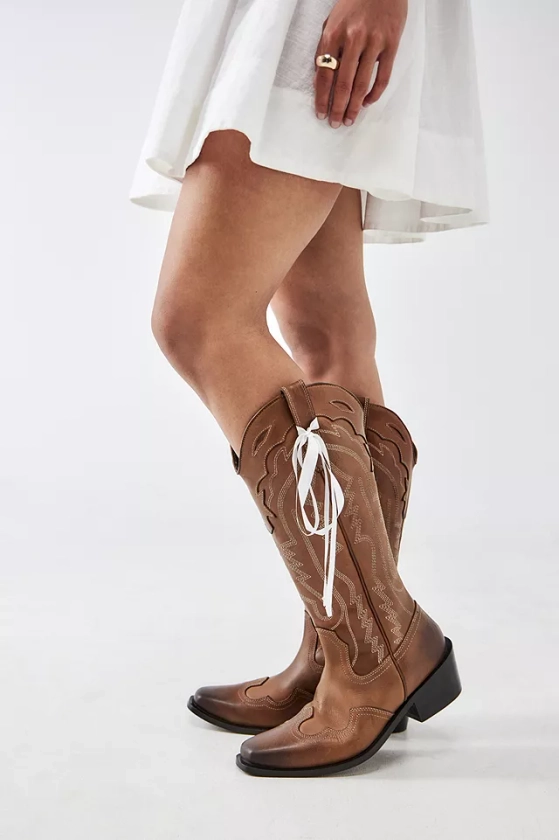 UO Brown Leather Dallas Bow Cowboy Boots