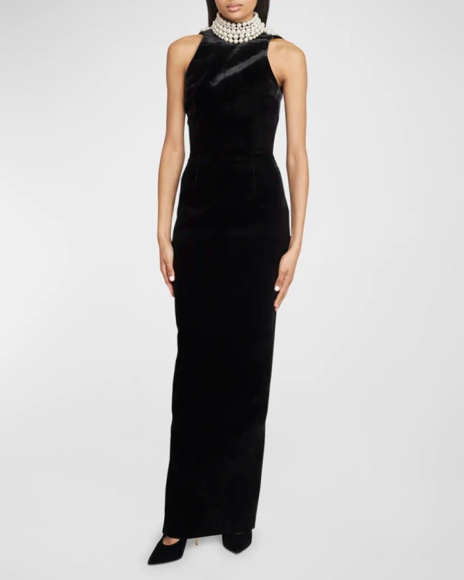 Velvet Halter Gown with Pearlescent Detail