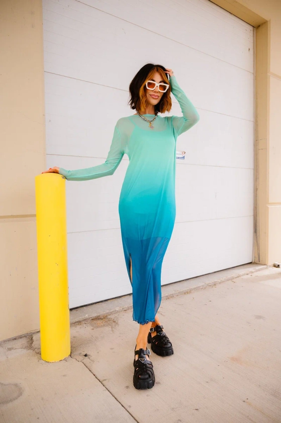 LALA ORIGINAL: Mad About You Long Sleeve Mesh Dress in Mermaid Ombre