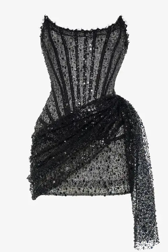 Black sequin corset draped strapless mini dress
