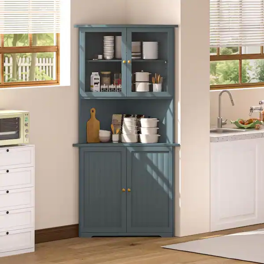 Corner Pantry Organizer Cabinet with Adjustable Shelves and Glass Doors in Teal Blue