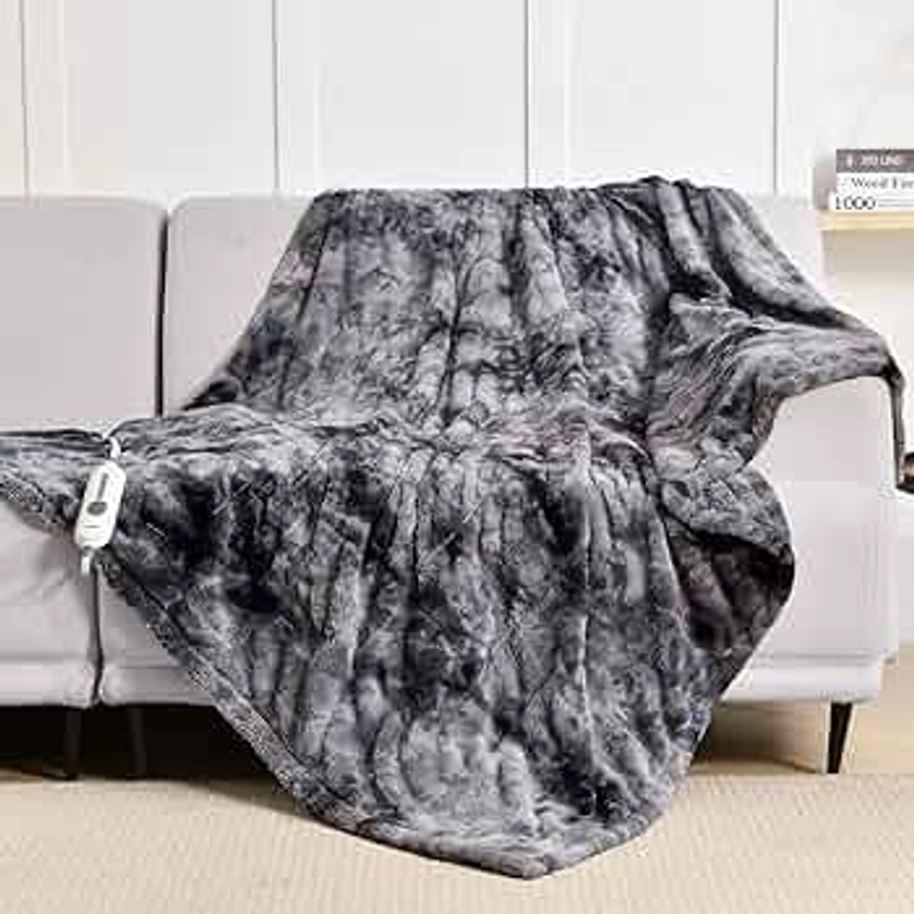 WOOMER Heated Throw Electric Throw 50"x 60", Soft Faux Fur Fast Heating Blanket, 4 Heating Levels & 4H Auto Off, Machine Washable, Over-Heat Protection