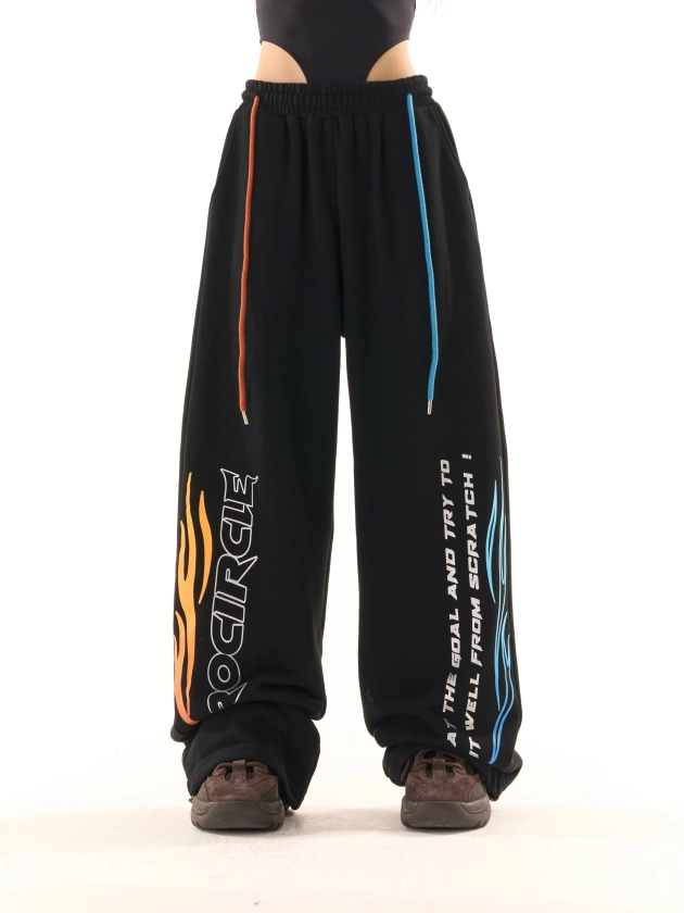 Zerocircle Black Wide-Leg Graphic Image Design High Waist Straight Leg Baggy Sweat Pants