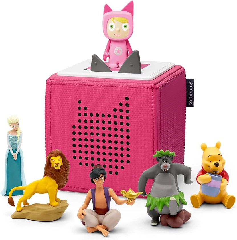 tonies Toniebox Disney Mega Bundle Incl. 1 Creative 5 Lion King, Aladdin, Jungle Book, Winnie The Pooh, and Frozen, Kid's Gifts, Screen-Free Music Player for Kids, Learning Toys, Pink