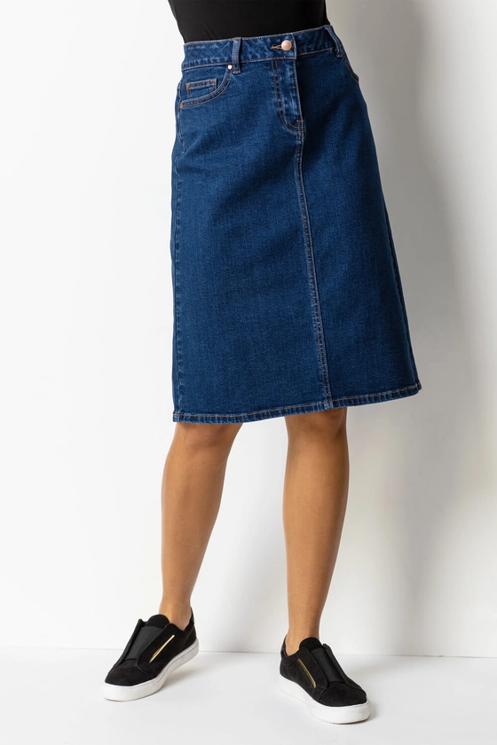 Indigo Cotton Denim Stretch Skirt | Roman UK