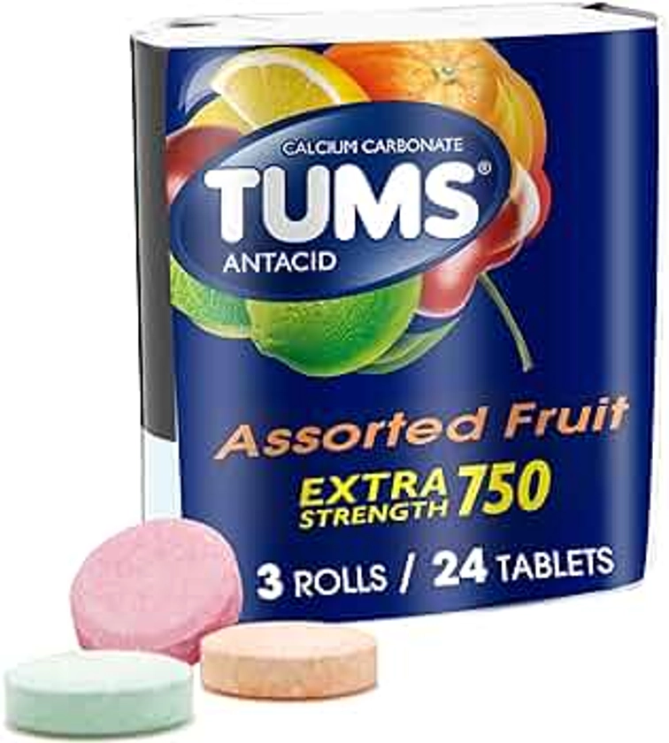 TUMS Extra Strength Assorted Fruit Antacid Chewable Tablets for Heartburn Relief, 3 rolls of 8ct