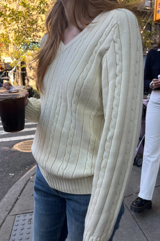 Ida Cotton Cable Knit V-Neck Sweater