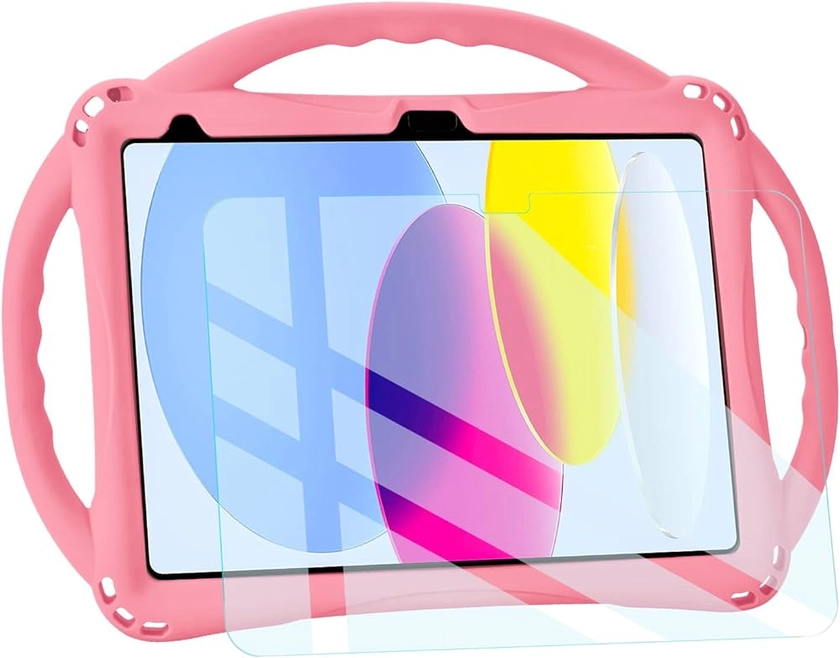 TopEsct Kids Case for iPad 10th Generation 10.9 inch 2022 with Tempered Glass Screen Protector, Silicone Shockproof iPad 10 Gen Case Comes with Strap(Pink)