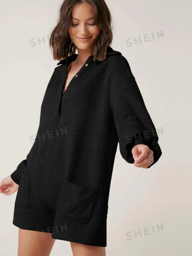 SHEIN EZwear Lantern Sleeve Pocket Front Button Half Placket Romper | SHEIN USA