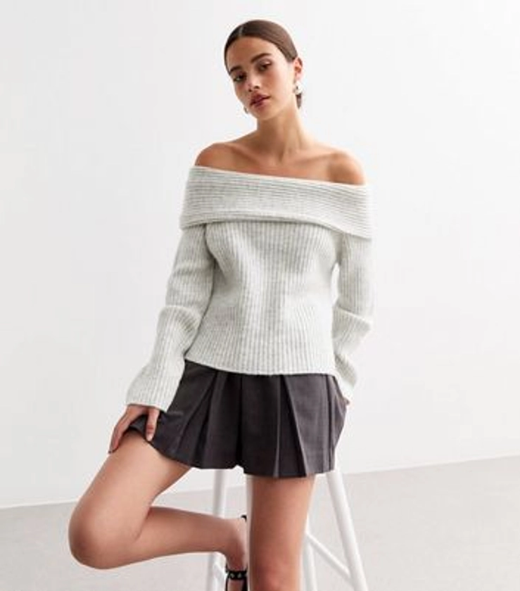 Grey Ribbed Knit Bardot Jumper