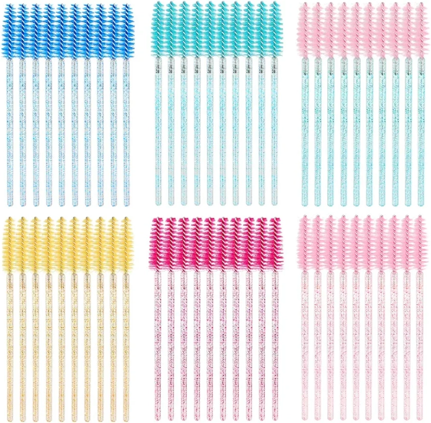 SWKJ 60 PCS Disposable Eyelash Brushes, Eyebrow Spoolies, Mascara Wands Applicator Lash Brushes Castor Oil Brush Cosmetic Makeup Tools(Crystal Mixed colors)