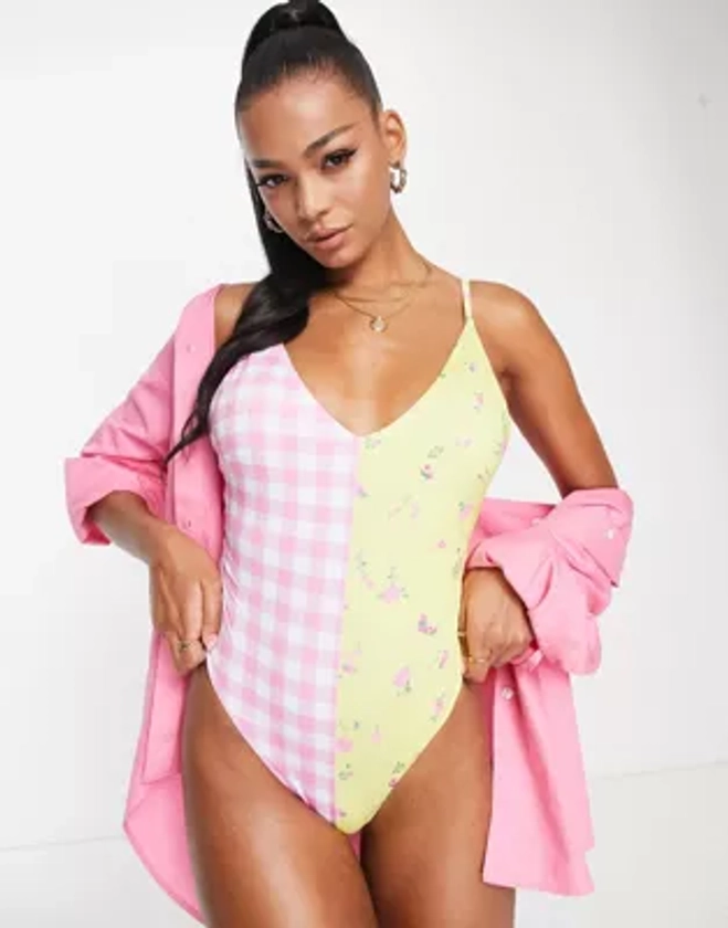 ASOS DESIGN spliced swimsuit in mixed floral and gingham print | ASOS