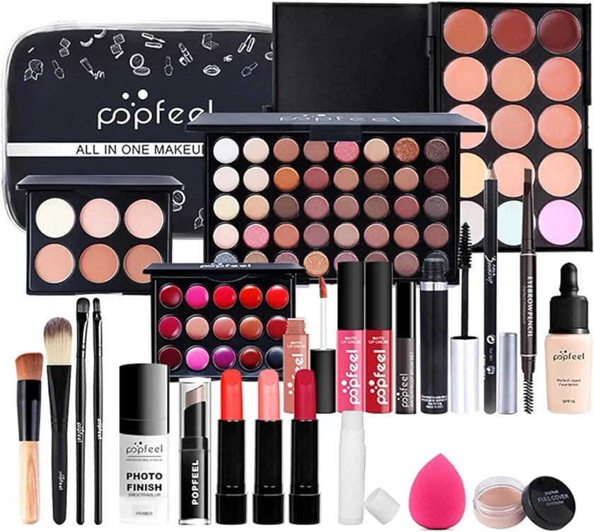 Kit Maquillaje para Mujer, Set de Maquillaje para Mujer, Kit Cosmético Completo Todo en Uno, Paquete de Inicio Esencial que Incluye Paleta de Sombras de Ojos, Juego de Brillo de Labios, Rubor, Base, Lápiz de Cejas, Incluye Juego de Brochas de Maquillaje