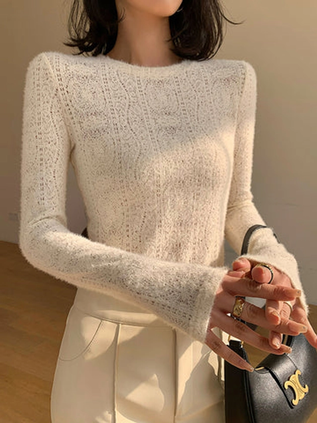 Floral Hollow Knit Crew Neck Long Sleeve Top