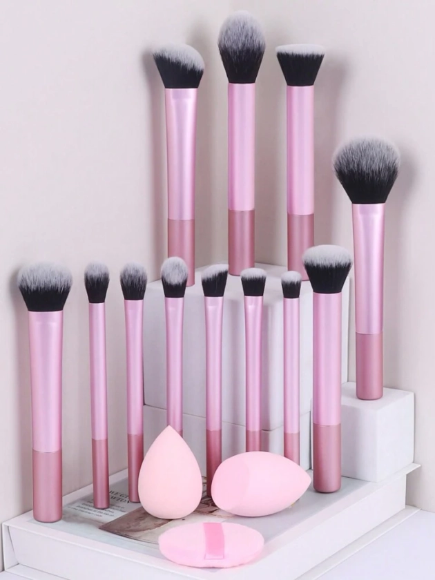 12pcs Multi-Functional Makeup Brush Set - Powder, Blusher, Foundation, Eyeshadow, Contour Brushes + Angled Makeup Sponge, Round Makeup Sponge, Pink Makeup Puff | SHEIN UK