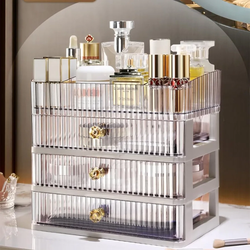 MIUOPUR Makeup Organizer with 3 Large Drawers, Countertop Organizer for Cosmetics, Ideal for Bathroom and Bedroom Vanity Countertops, Desk Storage Holder for Lipstick, Brushes and Nail Polish