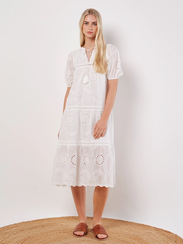 Cotton Broderie Tiered Midi Dress | Apricot Clothing