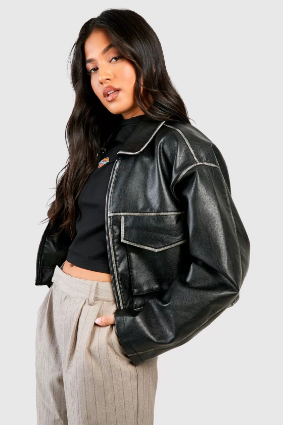 Petite Vintage Look Faux Leather Pocket Detail Jacket