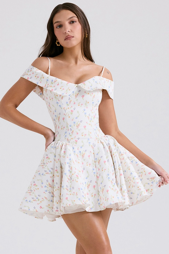 Clothing : Mini Dresses : 'Elida' White Posy Print Corset Mini Dress