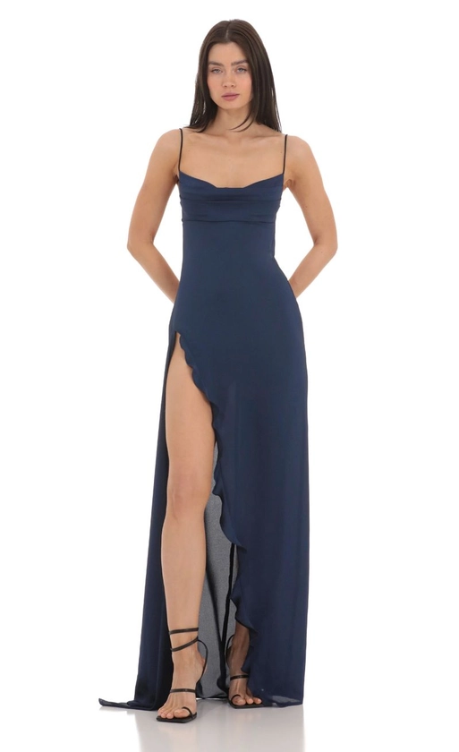 Cowl Neck Satin Open Back Maxi Dress in Navy | LUCY IN THE SKY