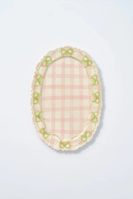 hand painted bow frill edge platter - pink gingham