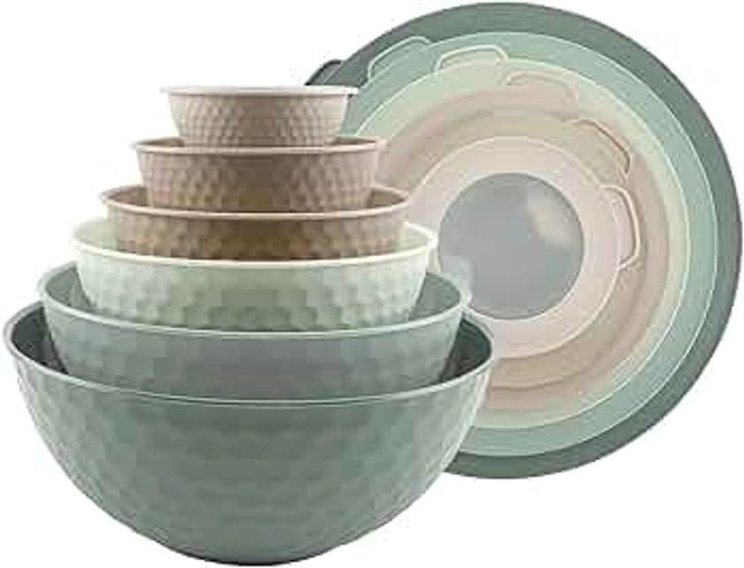 COOK WITH COLOR Mixing Bowls with Lids - 12 Piece Plastic Nesting Bowls Set includes 6 Prep Bowls and 6 Lids, Non Slip Bottom and Embossed Design - Microwave Safe (Mint)