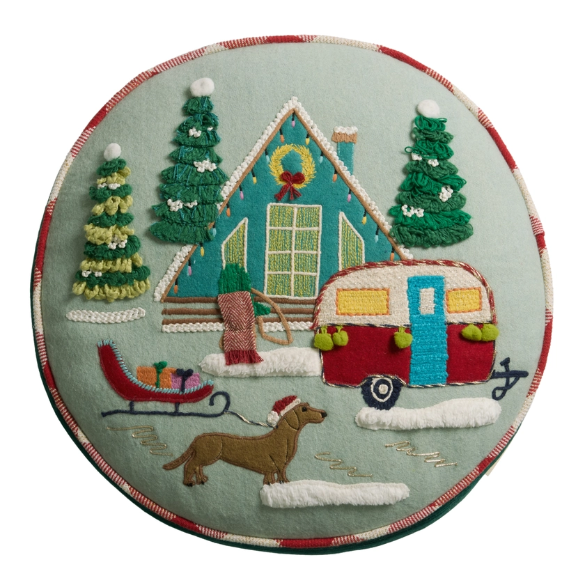 Round Multicolor Snowy Cabin Throw Pillow - World Market