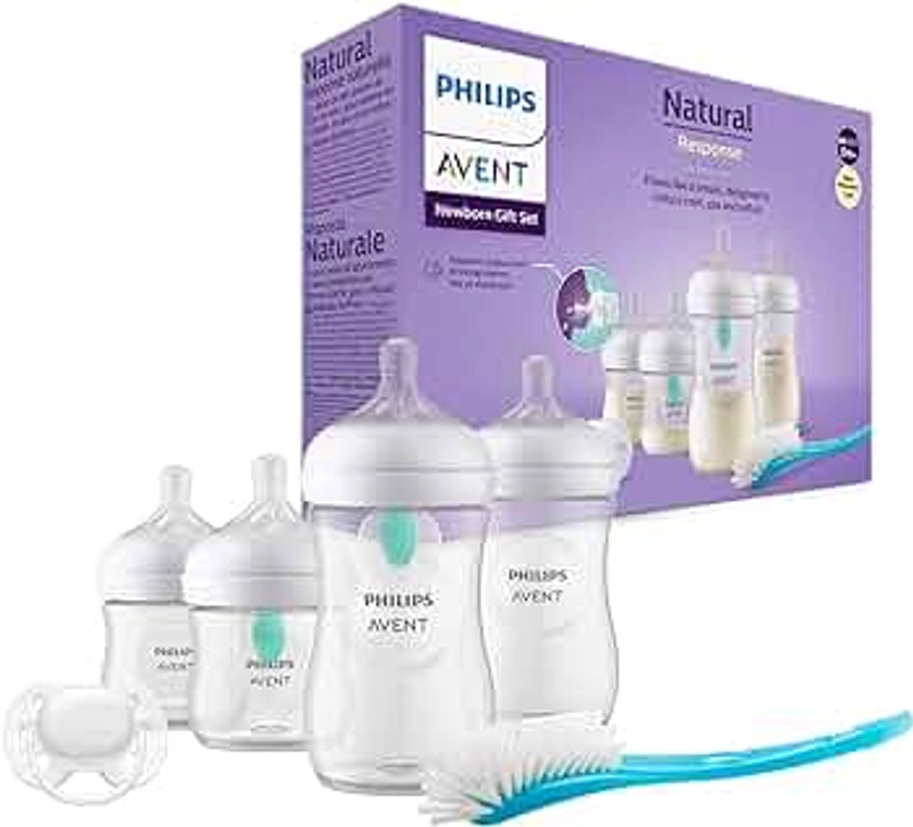 Philips Avent Kit biberons avec valve AirFree pour nouveau-né – 4 biberons à Réponse Naturelle, sucette ultra-douce et goupillon pour les bébés âgés de 0 à 12 mois (modèle SCD657/11)