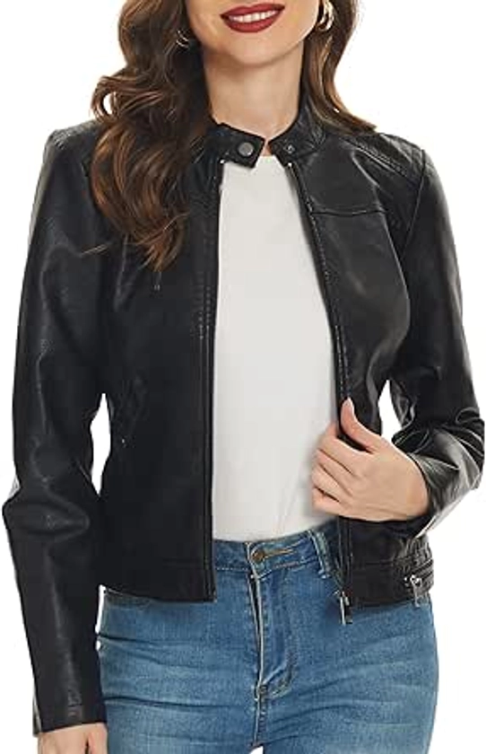 Fahsyee Black Faux Leather Jackets for Women Zip Up Motorcycle Short PU Moto Biker Outwear Fitted Slim Coat Size M at Amazon Women's Coats Shop