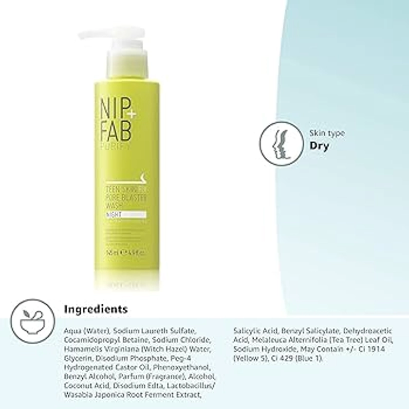 Nip + Fab Teen Skin Fix Pore Blaster Night Face Wash with Salicylic Acid, Wasabi Extract, and Tea Tree Oil Cleansing Purifying Facial Cleanser for Breakouts Acne Prevention and Refining Pores,144.91ml